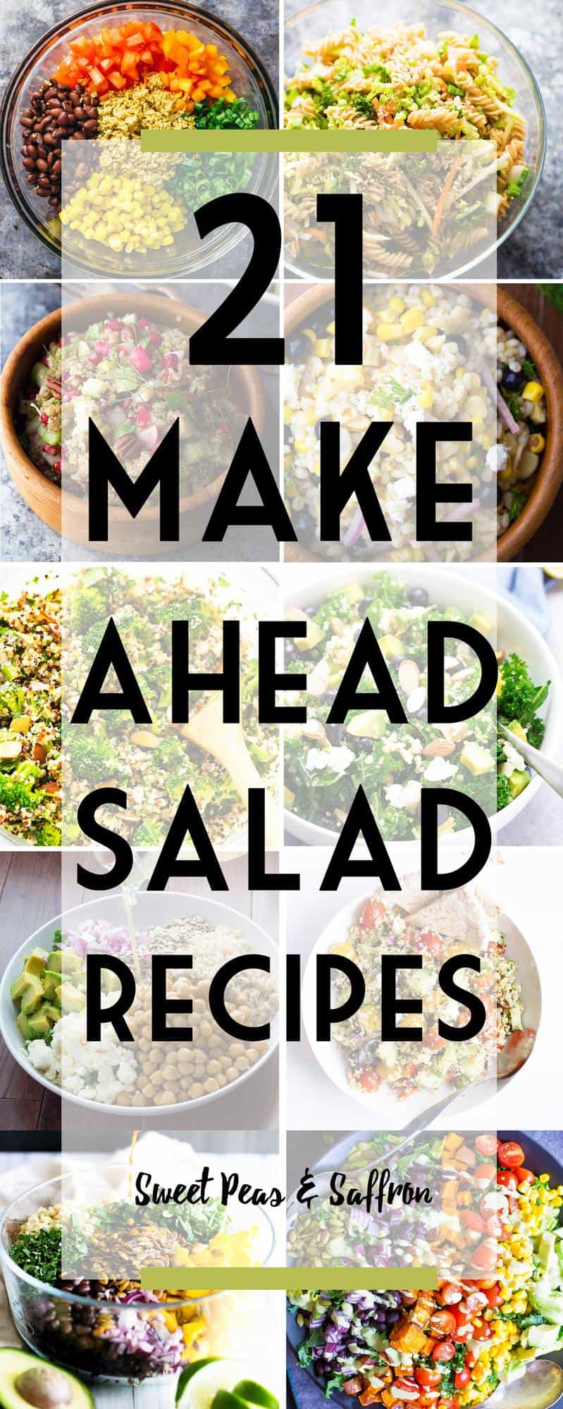 collage image with a variety of salads and text overlay 21 make ahead salad recipes