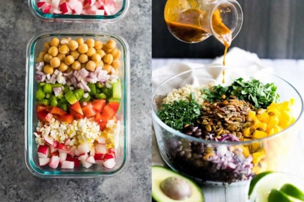 collage image of Chopped Chickpea Salad on left and Quinoa Mango Black Bean Salad on right