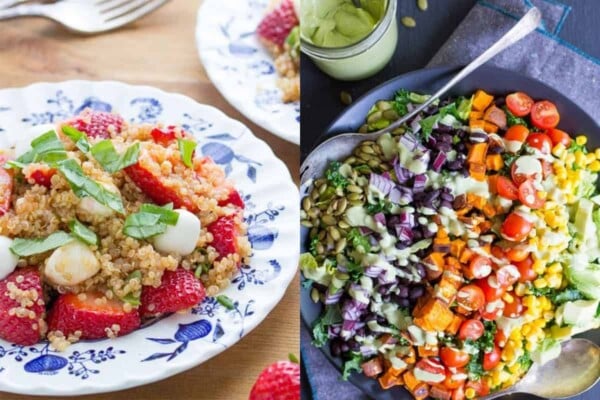 collage image of Strawberry Caprese Quinoa Salad on left and Southwestern Power Salad with Creamy Cilantro Lime Dressing on right