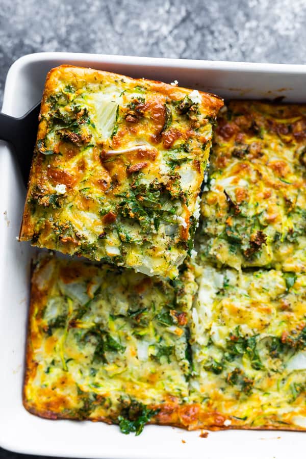 overhead view of egg bake recipe scooped out of pan on spatula