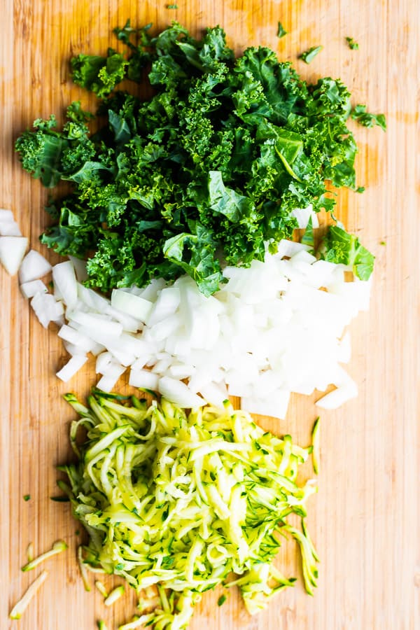 vegetables for breakfast bake on cutting board