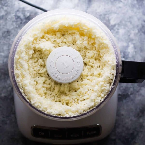 cauliflower in a food processor after ricing