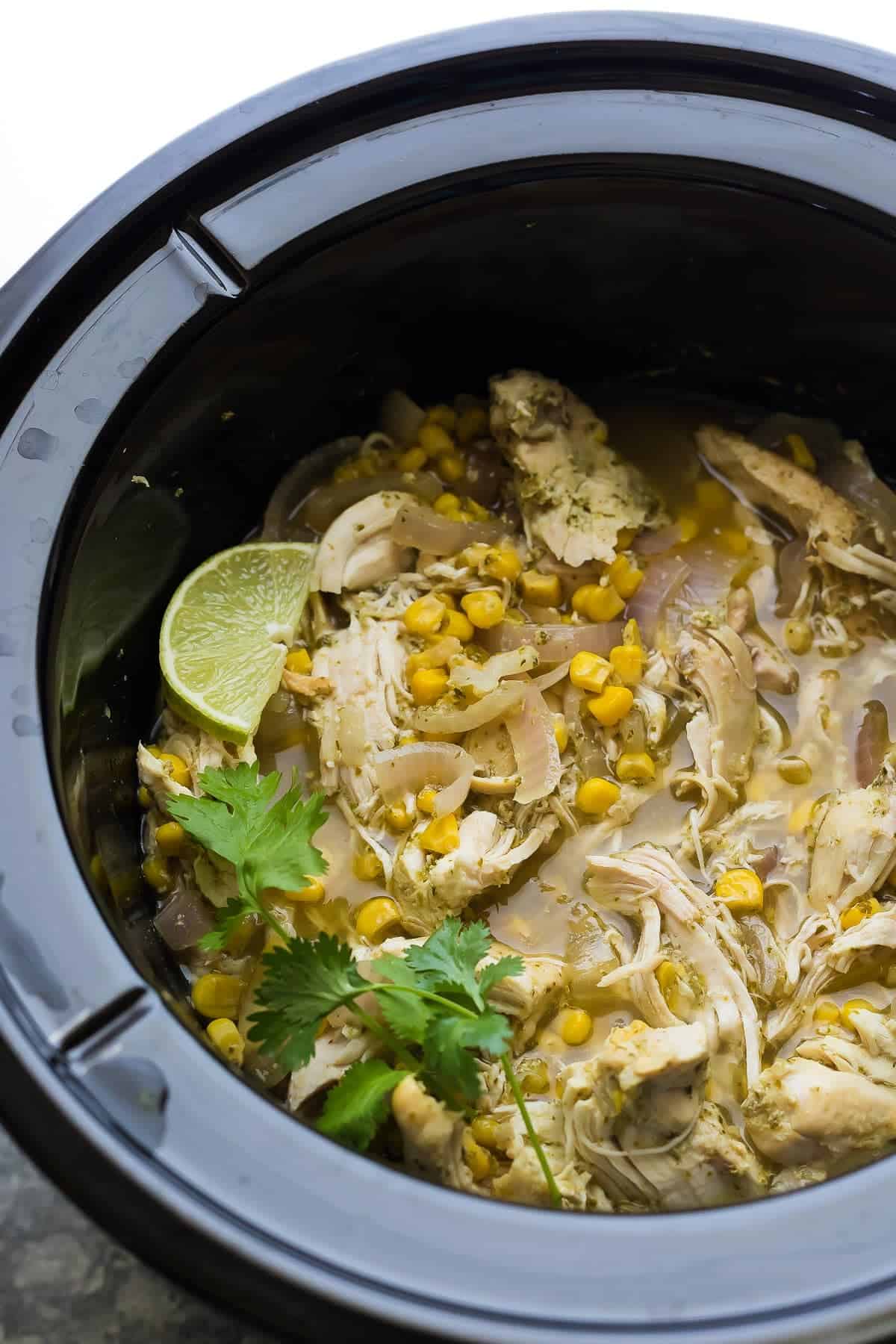 slow cooker cilantro lime chicken in crockpot after cooking
