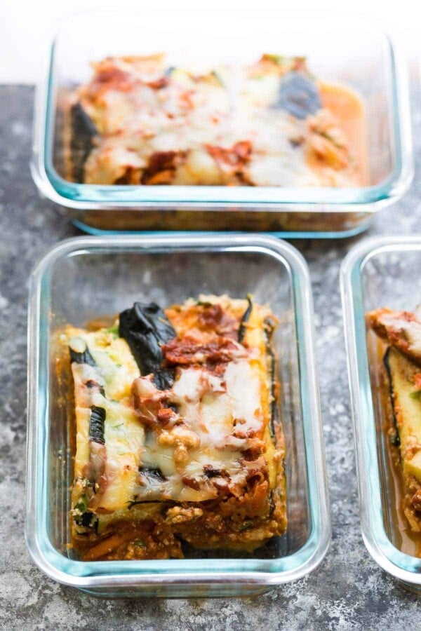 zucchini noodle lasagna portioned out into meal prep containers