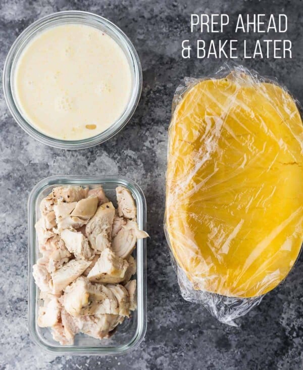 Componenets of Lemon Chicken Spaghetti Squash prepped ahead to bake later