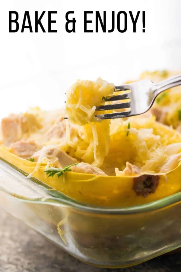 Close up view of Lemon Chicken Spaghetti Squash after baking