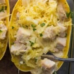 overhead shot of lemon chicken spaghetti squash with fork in it