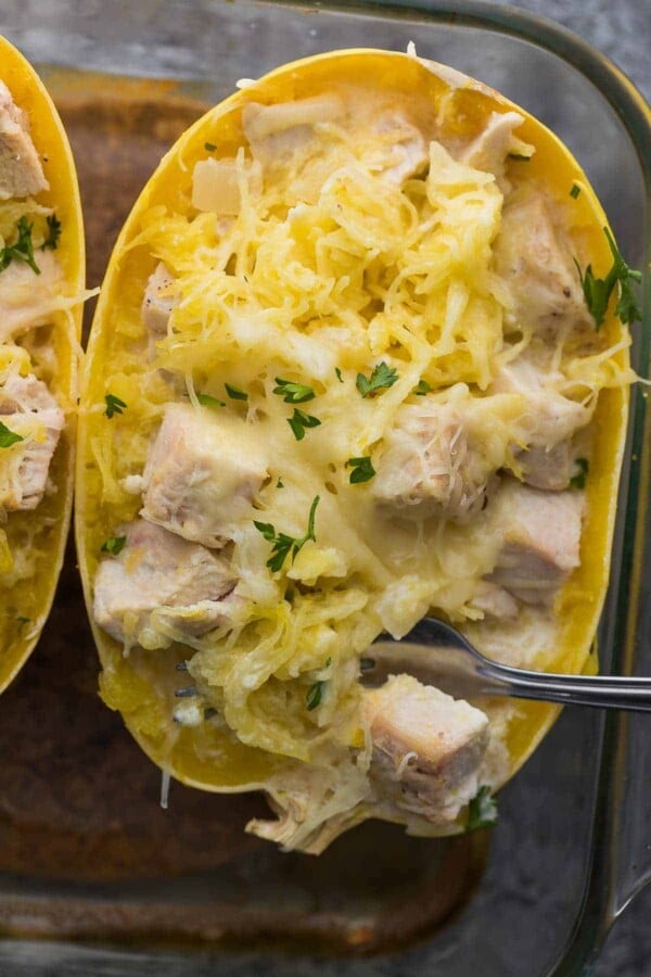 overhead view of Lemon Chicken Spaghetti Squash in baking dish