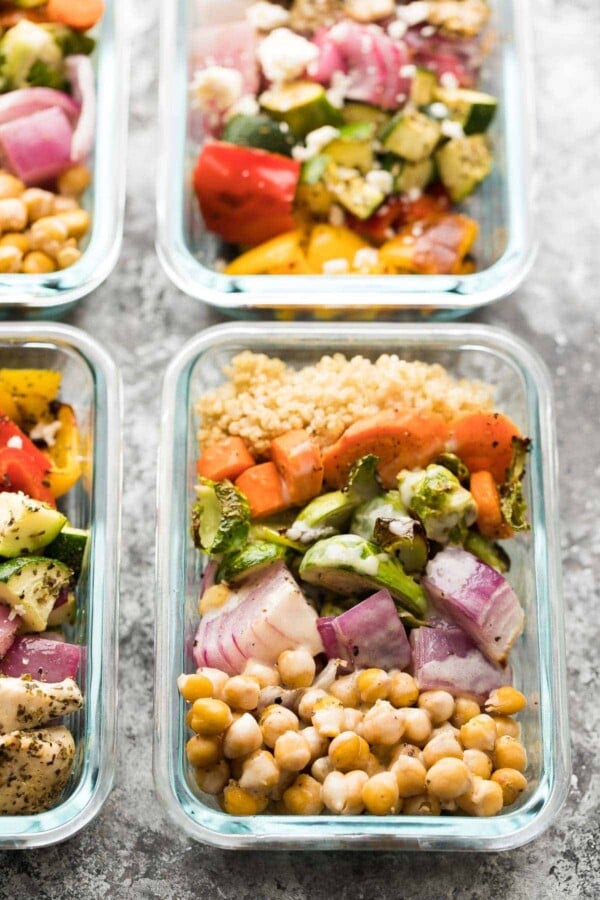 glass meal prep container with chickpea buddha bowls 