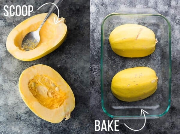 Collage image of seeds being scooped out of spaghetti squash on left and spaghettic squash face down in baking dish on right