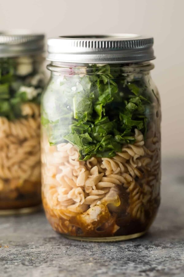 Close up view of balsamic pasta jar salads 