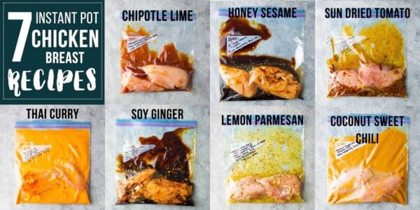 collage image of four different chicken marinades labeled in freezer bags