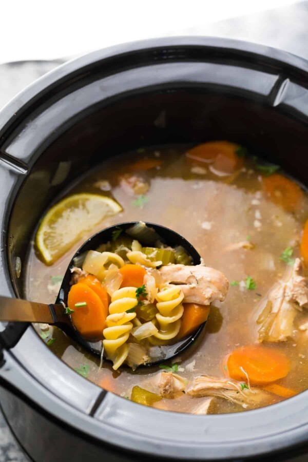 lemon sesame chicken noodle soup in slow cooker after cooking