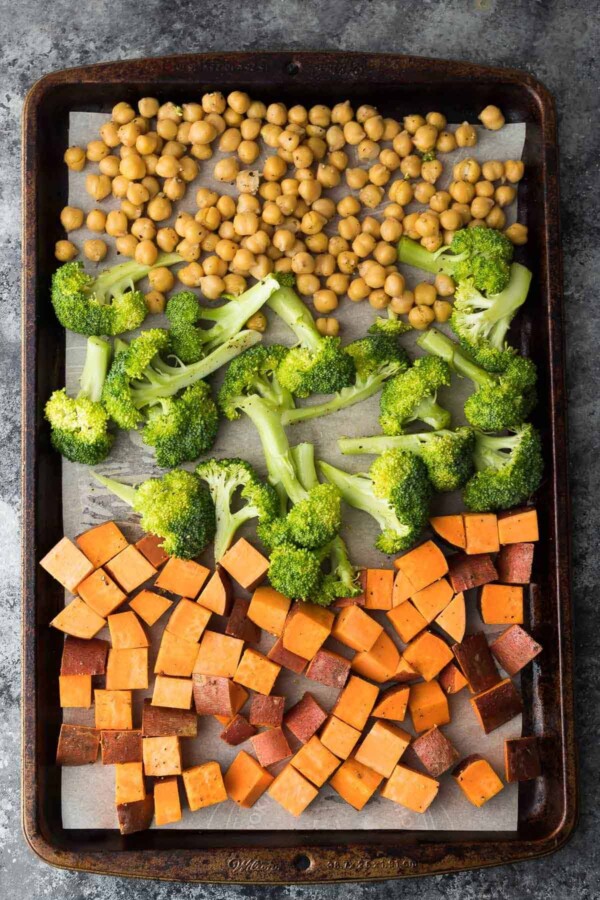 chickepeas, broccoli, and sweet potato chunks on sheet pan with parchment before baking