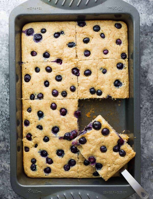 overhead shot of sheet pan protein pancakes cut in large squares