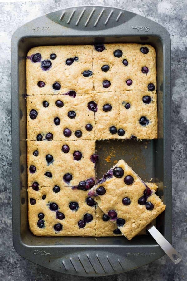 overhead shot of sheet pan protein pancakes cut in large squares