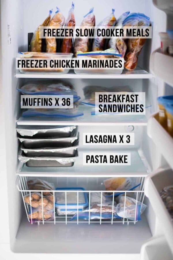 Photo of inside freezer with text showing slow cooker meals, chicken marinades, muffins, breakfast sandwiches, lasagna, and pasta bake
