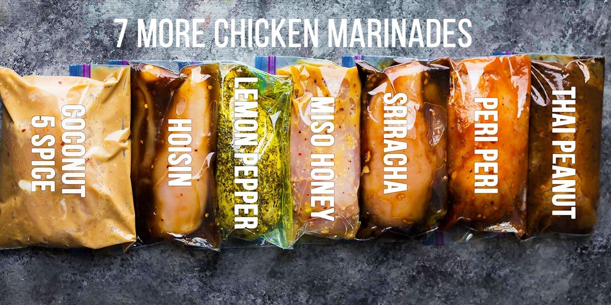 overhead shot of a variety of chicken marinades in freezer bags