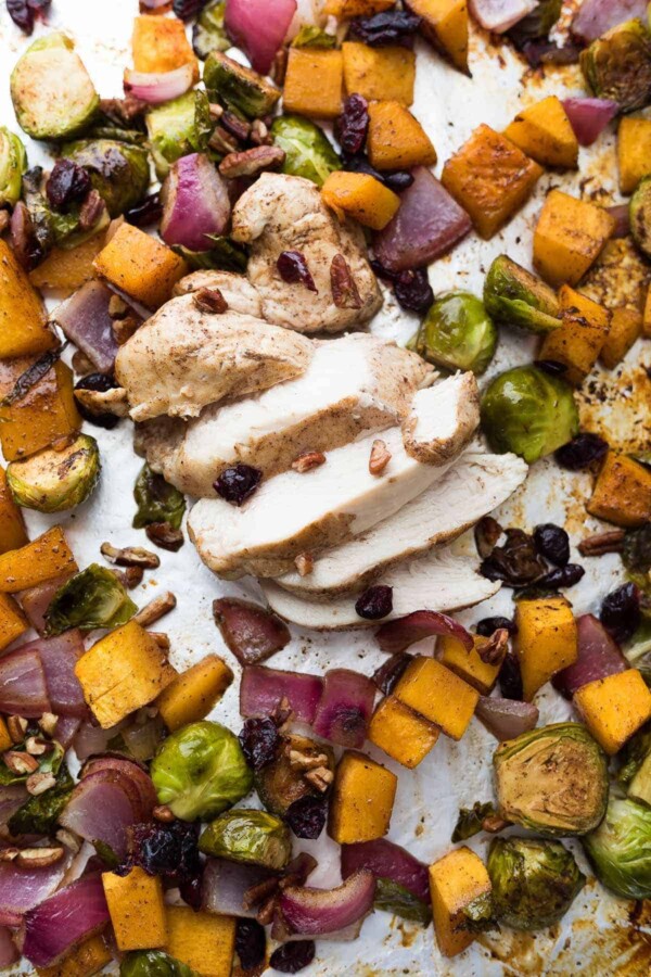 overhead shot of cranberry balsamic sheet pan chicken