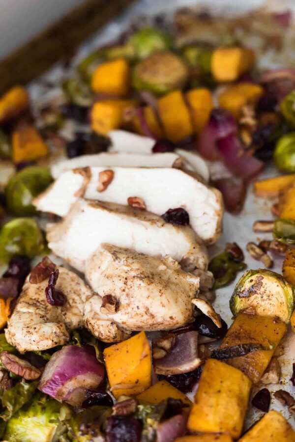 cranberry balsamic sheet pan chicken after baking