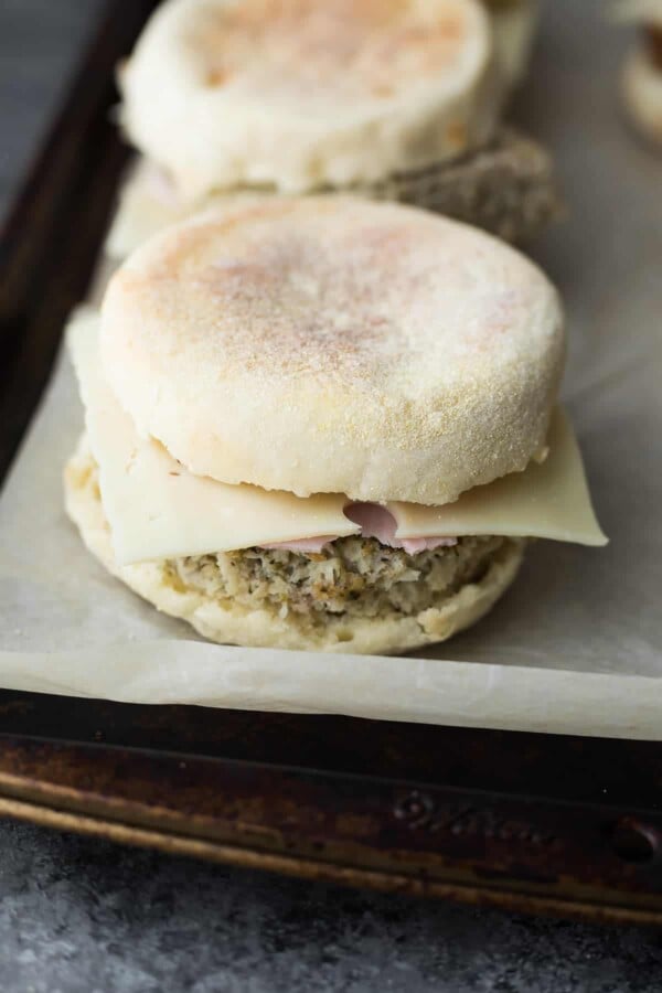 close up shot of cauliflower herb breakfast sandwiches on sheet pan