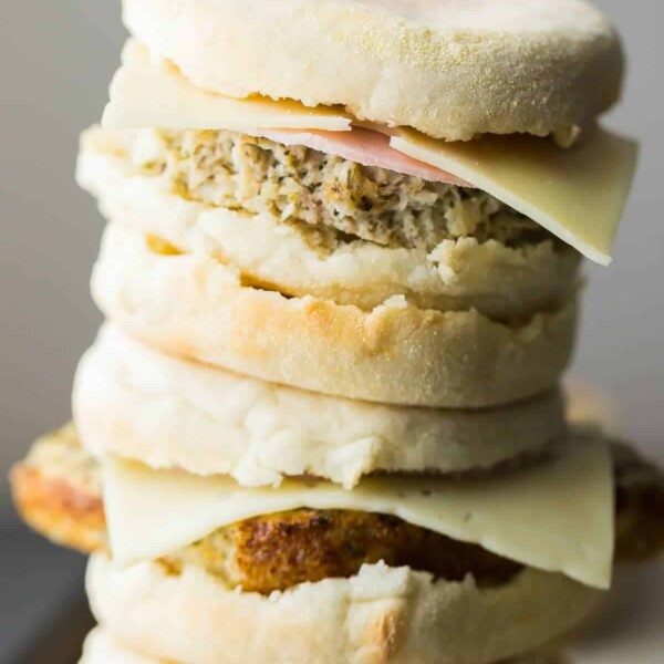 stack of cauliflower herb freezer breakfast sandwiches