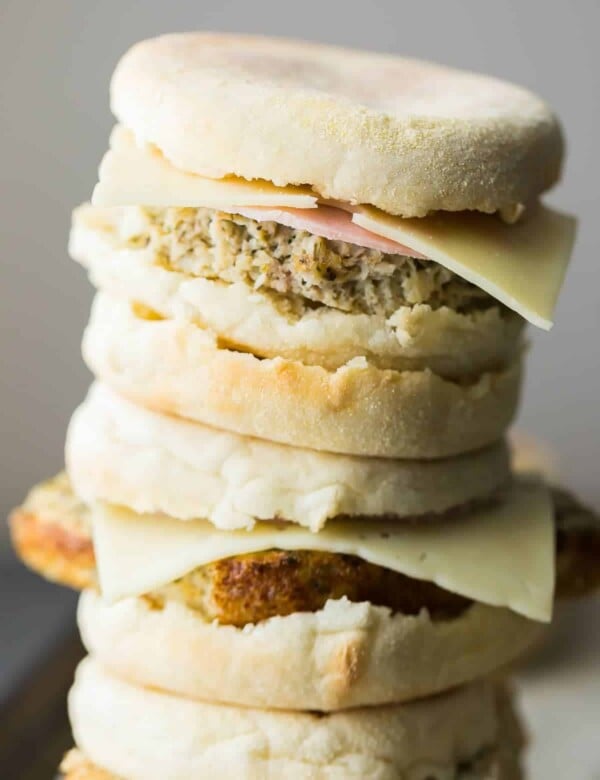 stack of cauliflower herb freezer breakfast sandwiches