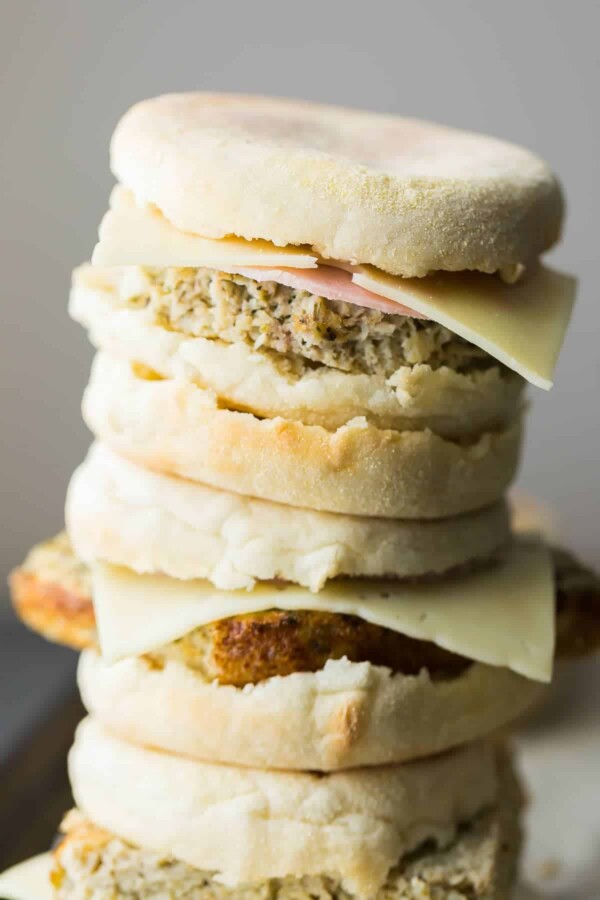 Stack of three cauliflower herb breakfast sandwiches 