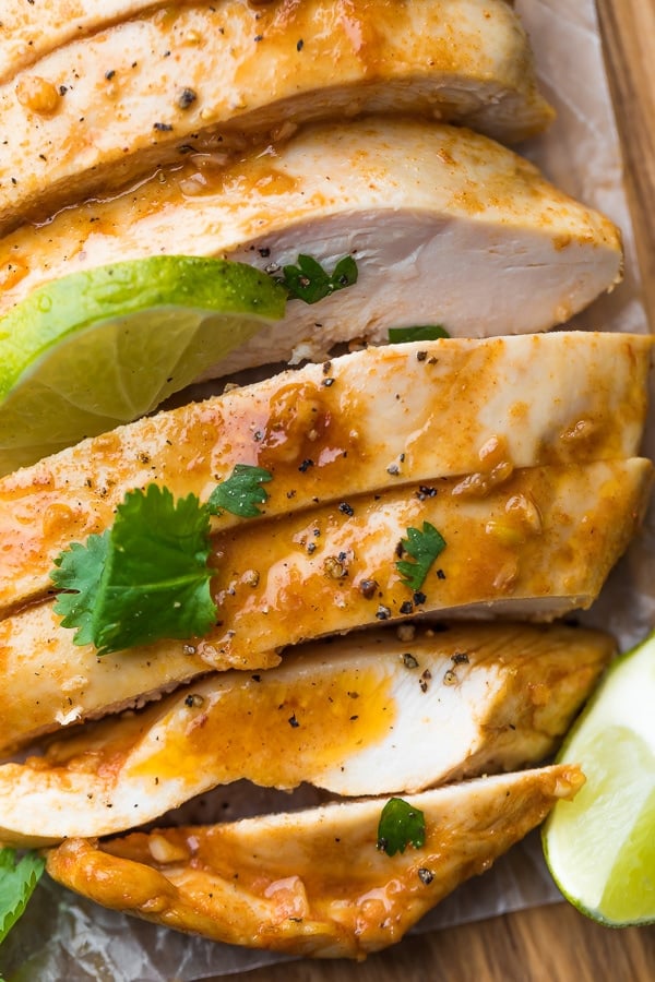 close up of cooked and sliced chipotle chicken breast