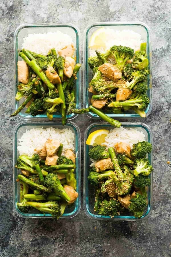 Prep this meal prep stir fry with two difference sauces (honey sriracha and lemon sesame) to get completely different flavors in your lunch! Prep them both in under 45 minutes.
