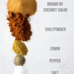 ingredients lined up for brown sugar chili rub with labels on white background