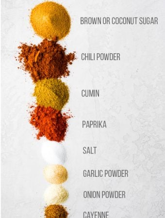 ingredients for homemade fajita seasoning with labels on white background