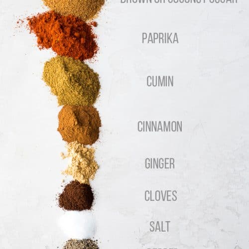 ingredients lined up for moroccan spice blend with labels on white background