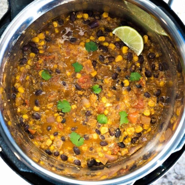 quinoa enchilada casserole in the Instant Pot after cooking