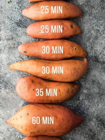 overhead shot of sweet potatoes lined up with text showing number of minutes to cook each