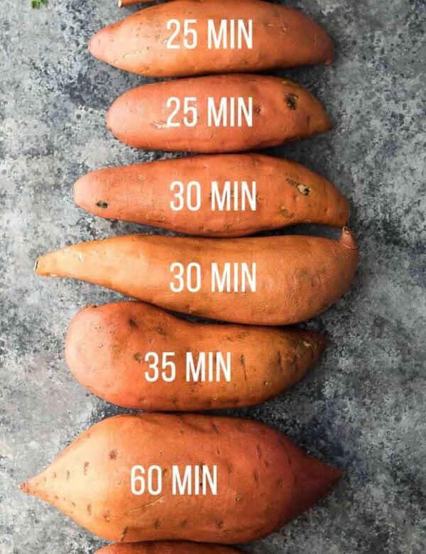 overhead shot of sweet potatoes lined up with text showing number of minutes to cook each