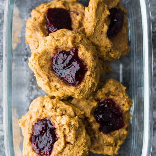 peanut butter and jam breakfast cookies in glass container