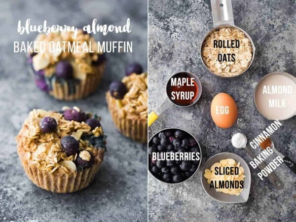 collage image with ingredients and final product for blueberry almond baked oatmeal cups