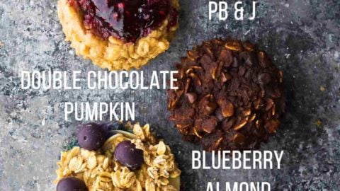 Overhead shot of a variety of baked oatmeal cups showing seven different flavors