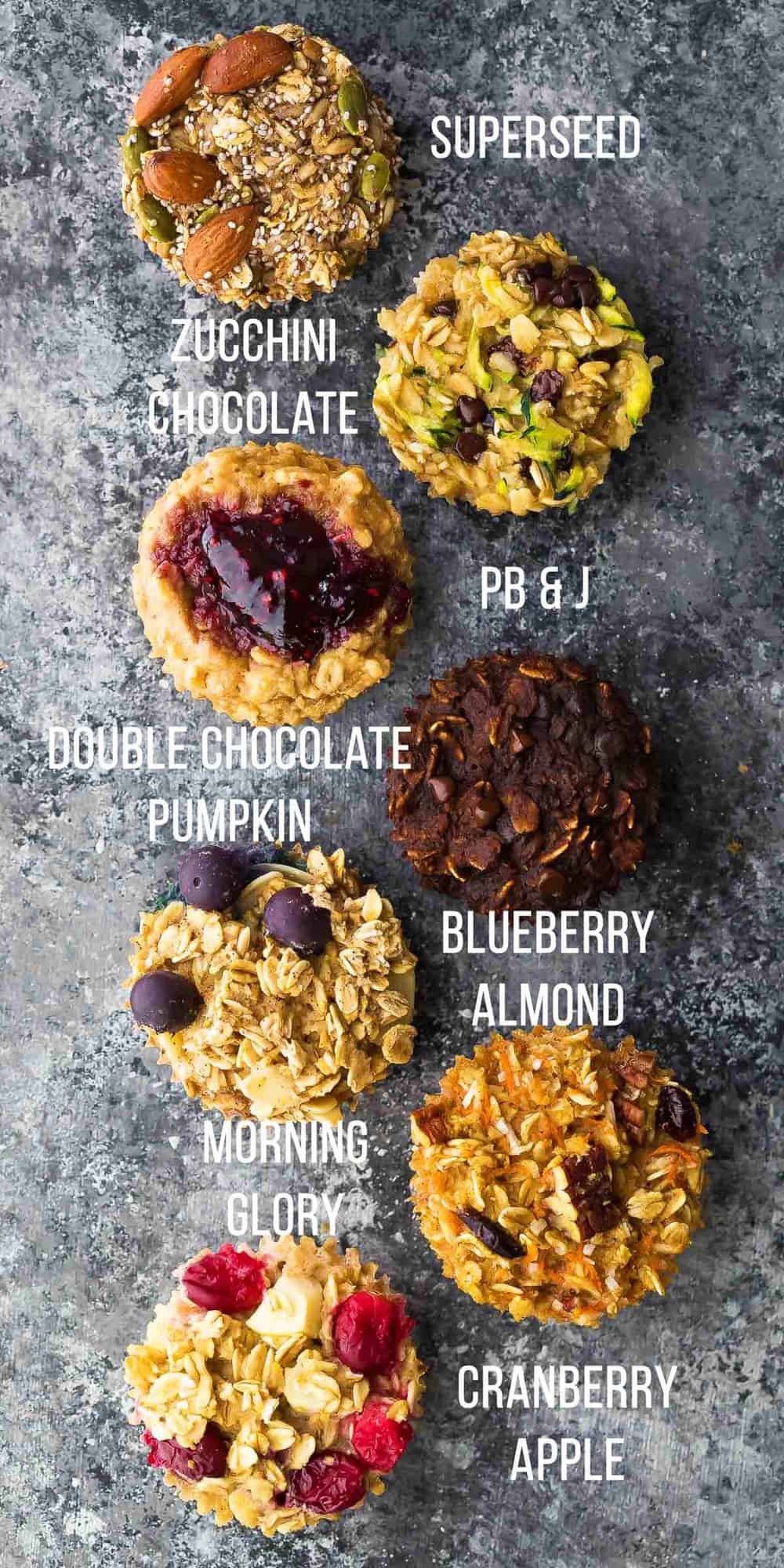 Overhead shot of a variety of baked oatmeal cups showing seven different flavors