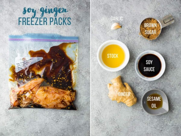 Bag of Soy Ginger Instant Pot Chicken Recipe for freezer. Ingredients for Soy Ginger Instant Pot Chicken Breast Recipe.