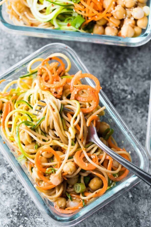 cold sesame noodle meal prep in glass container