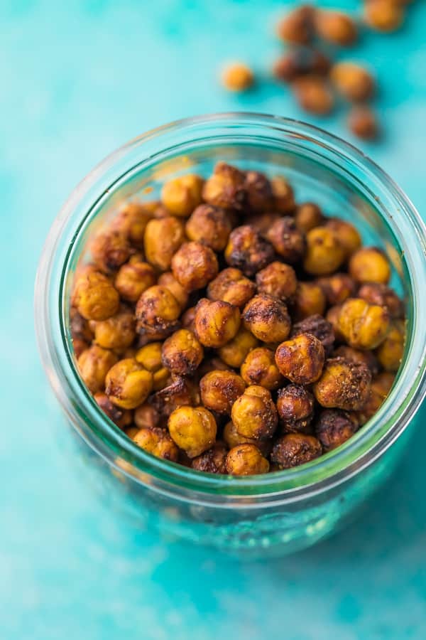 Crispy Air Fryer Chickpeas in a jar with blue background