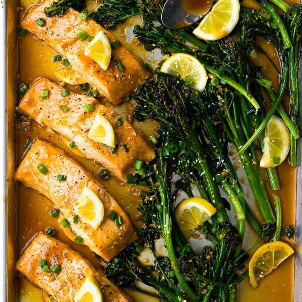 overhead shot of honey lemon sheet pan salmon