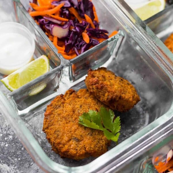 Budget Friendly Meal Prep Tricks- salmon patties in meal prep container