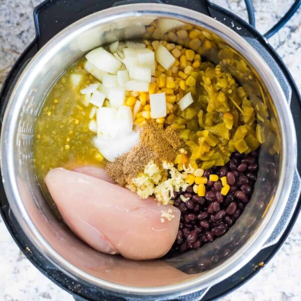 overhead view of ingredients required in Shortcut Chicken Chile Verde Soup in the instant pot