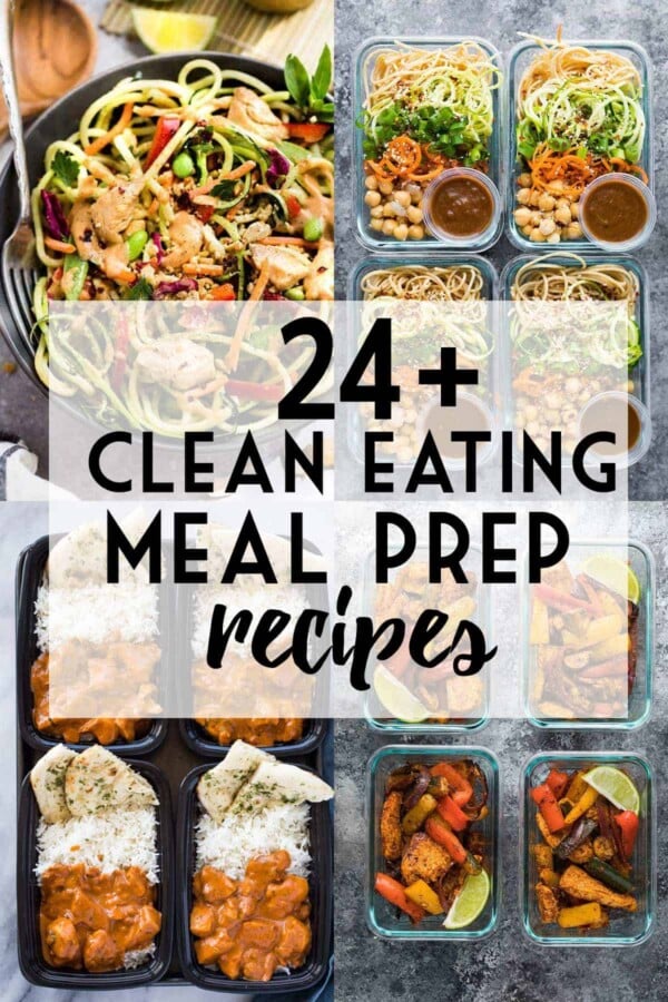 Collagebeeld van 24 clean eating maaltijdvoorbereidingsideeën