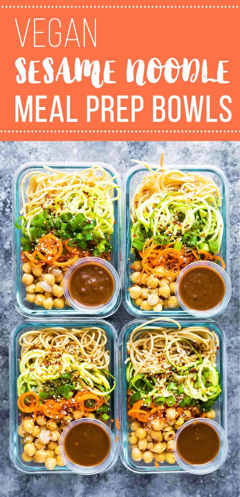 These cold sesame noodle meal prep bowls are the perfect vegan prep ahead lunch: spiralized vegetables tossed with chickpeas and whole wheat spaghetti in a spicy almond butter sauce. #sweetpeasandsaffron #mealprep #vegan #spiralizer