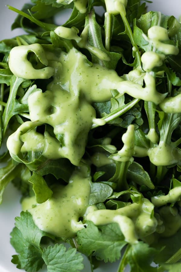 cilantro lime dressing drizzled over arugula