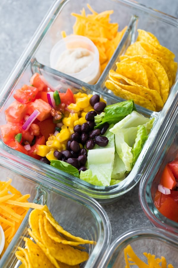 close up shot of Taco Salad in Glass Bento Box 